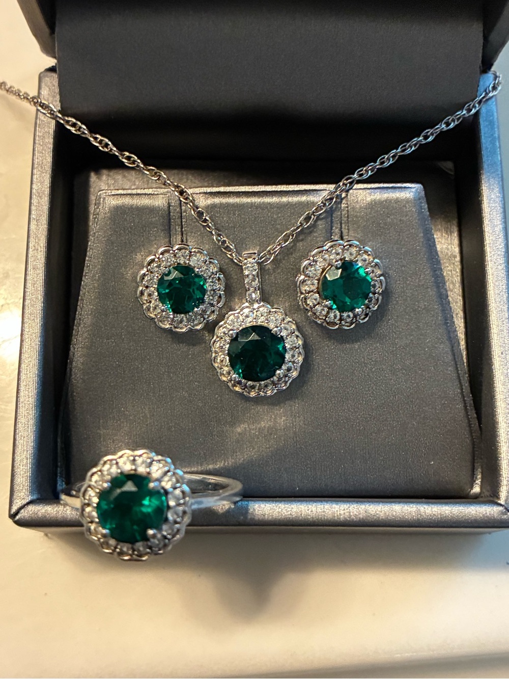 Zales Silver-Tone Lab created Emerald Halo Ring & Pendant ,Earring Set